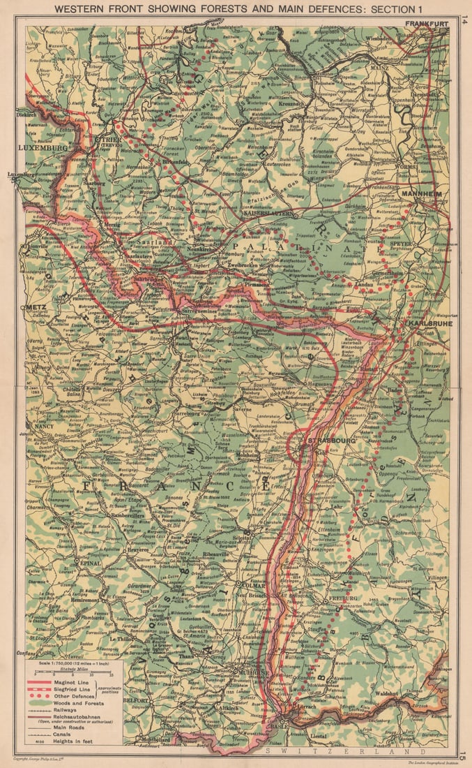WORLD WAR 2. Maginot & Siegfried line defences. Pre-invasion of France 1940 map (1 of 1)