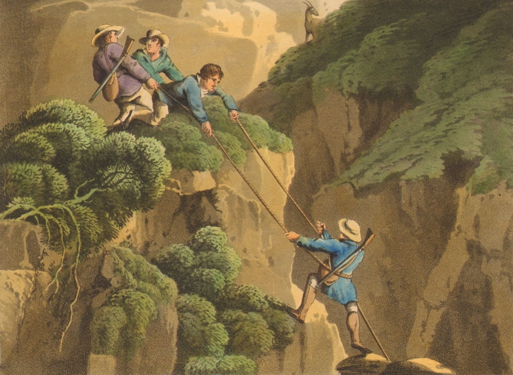 ALPS. Chamois shooters hunters ascending the rocks with ropes (Orme) 1814: CAPTION PRINTED BELOW PICTURE: 'Chamois Shooters ascending the rocks' DATE PRINTED: 1814 IMAGE SIZE: Approx 13.0 x 17.5cm, 5 x 7 inches (Small) TYPE: Antique aquatint print with original hand colourin