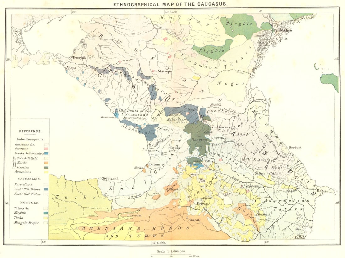 CAUCASUS. Ethnographical Georgia Armenia c1885 old antique map plan chart: TITLE/CONTENT OF MAP: 'Ethnographical map of the Caucasus' DATE PRINTED: c1885 IMAGE SIZE: Approx 22.0 x 30.0cm, 8.75 x 11.75 inches (Large); Please note that this is a folding map. TYPE: Antique colo
