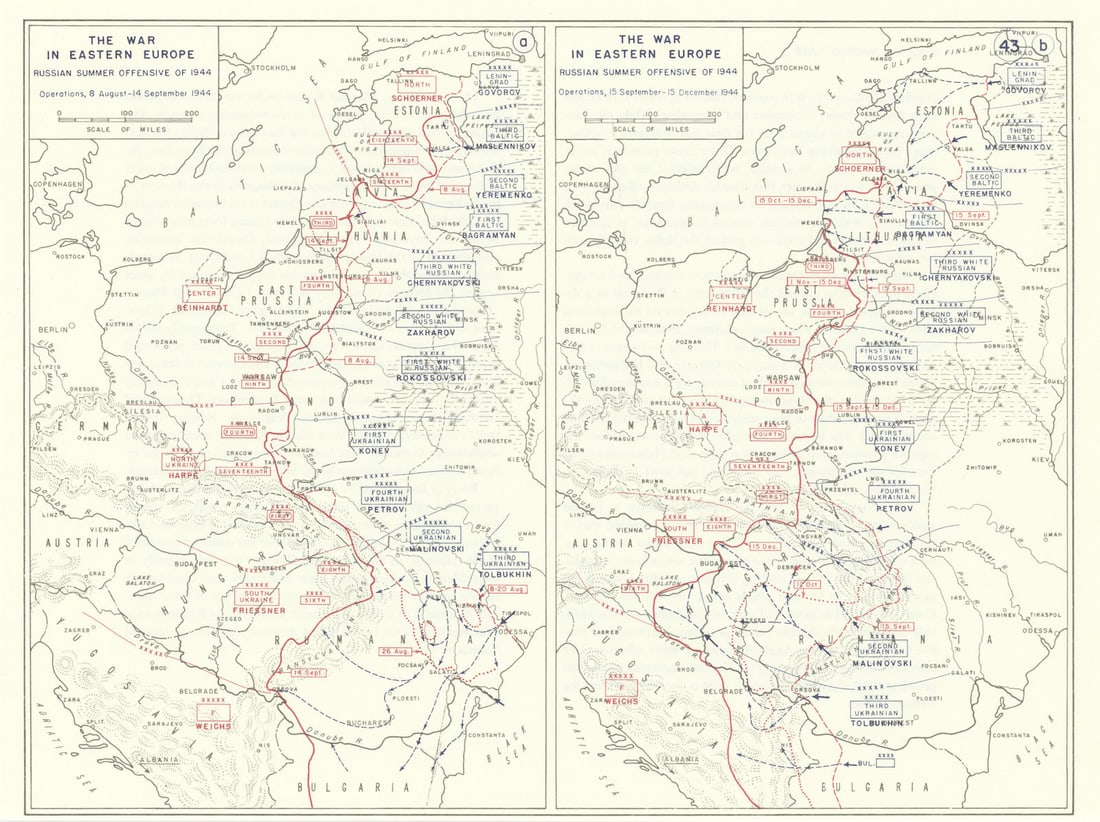 World War 2. Eastern Front. August-Dec 1944 Russian Summer Offensive 1959 map: CAPTION PRINTED BELOW PICTURE: 'The War in Eastern Europe - Russian Summer Offensive of 1944 Operations, 8 August-14 September 1944 // The War in Eastern Europe - Russian Summer Offensive of 1944 Oper