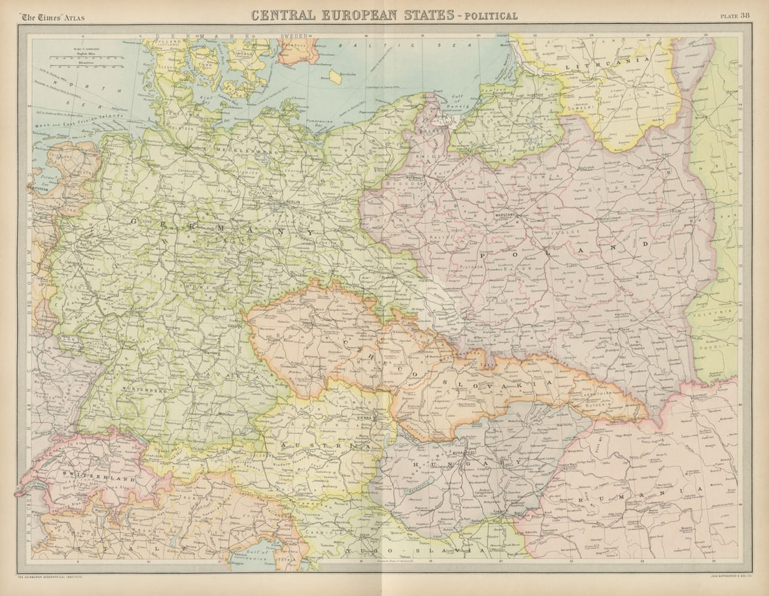 Central Europe. Germany Poland Czechoslovakia Carpathian Ruthenia TIMES 1922 map (1 of 1)
