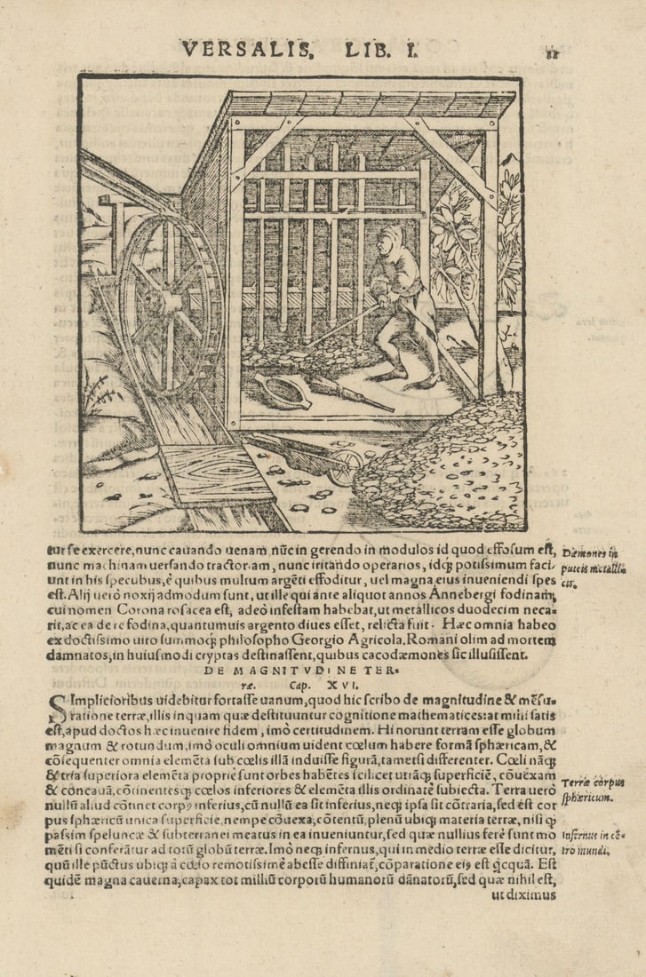 Mining/ metalworking with a water wheel. Europe. SEBASTIAN MÜNSTER 1572 print: CAPTION PRINTED BELOW PICTURE: De machinis quibus metallarii utuntur, in fodinis, atq; de spiritibus seu daemonibus versantibus in eis [Mining/ metalworking with a water wheel] DATE PRINTED: 1572 IMAG