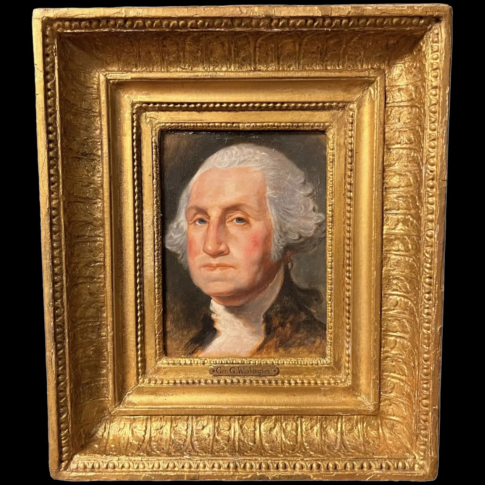 American School 19th Century Portrait of George Washington after Gilbert Stuart circa 1810: American School 19th Century Portrait of George Washington, crafted around 1810, serves as a compelling homage to the nation?s founding father. Executed in the style reminiscent of Gilbert Stuart, thi