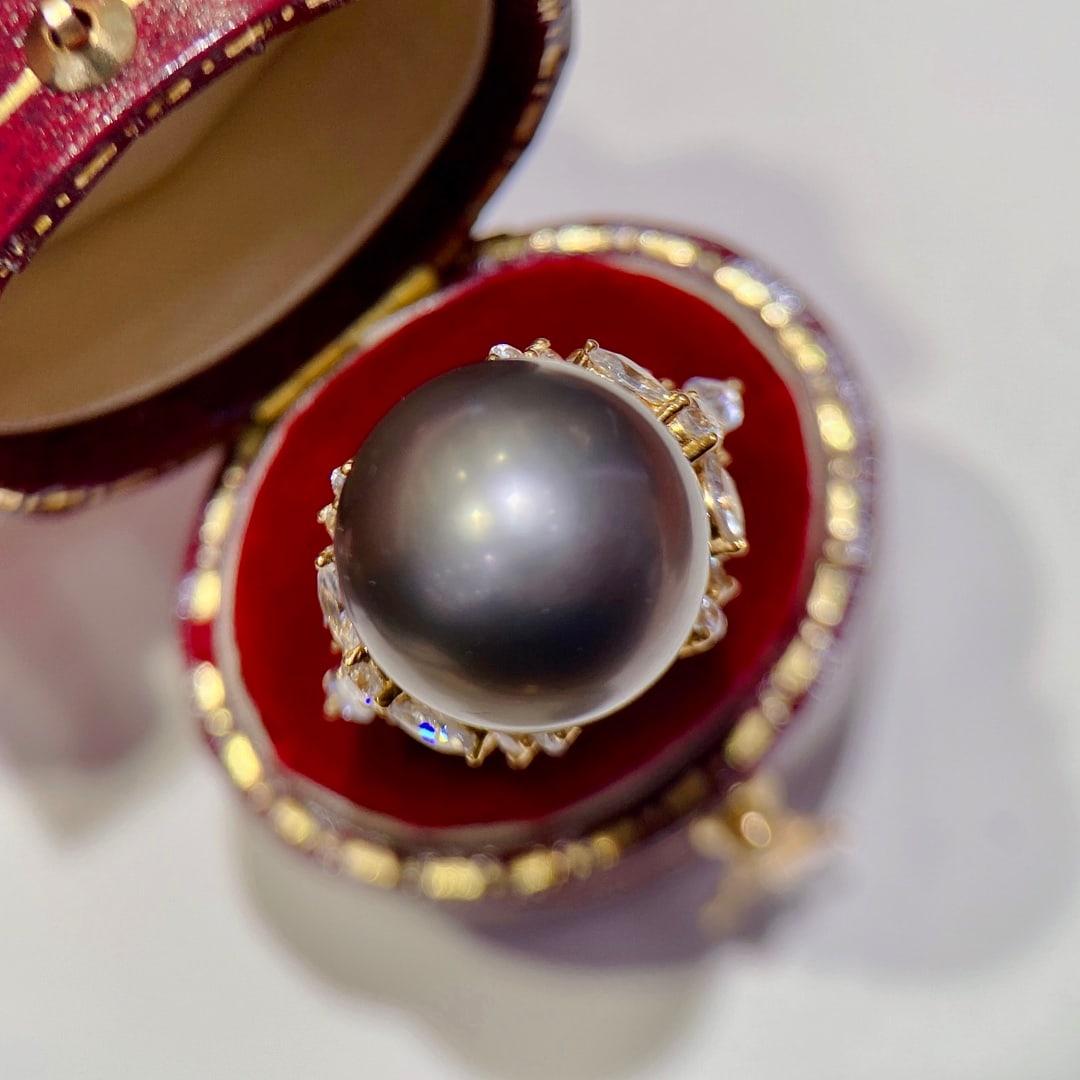 18k gold inlaid natural original color Tahitian pearl ring (1 of 4)