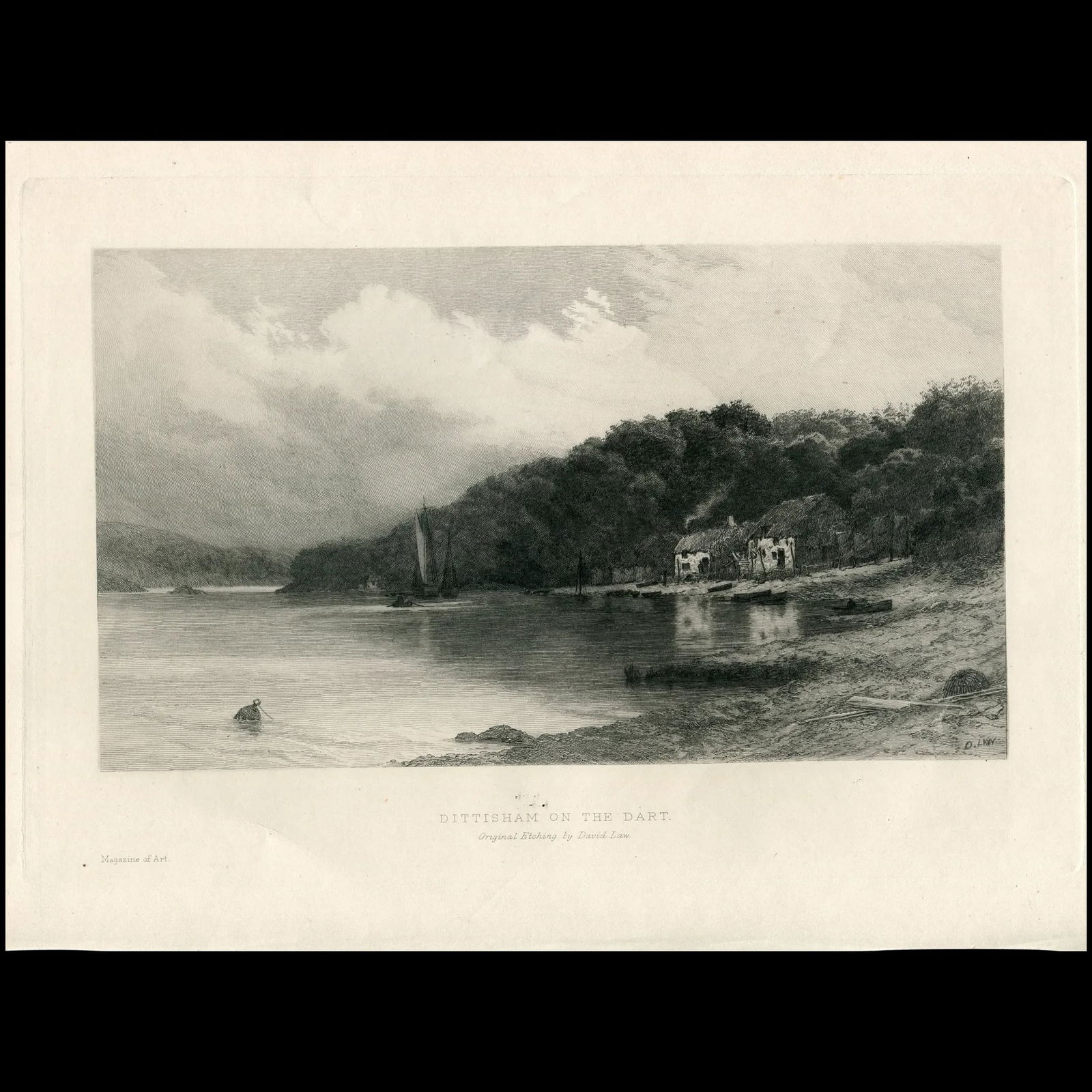 Dittisham on the Dart - Original engraving by David Law: Dittisham on the Dart. Drawner and etcher: David Law (Edinburgh, 1831 - Worthing, 1901) Publisher: Magazine of Art, London Production date: c. 1890. Media / technique: etching on wove paper. Size: 30,