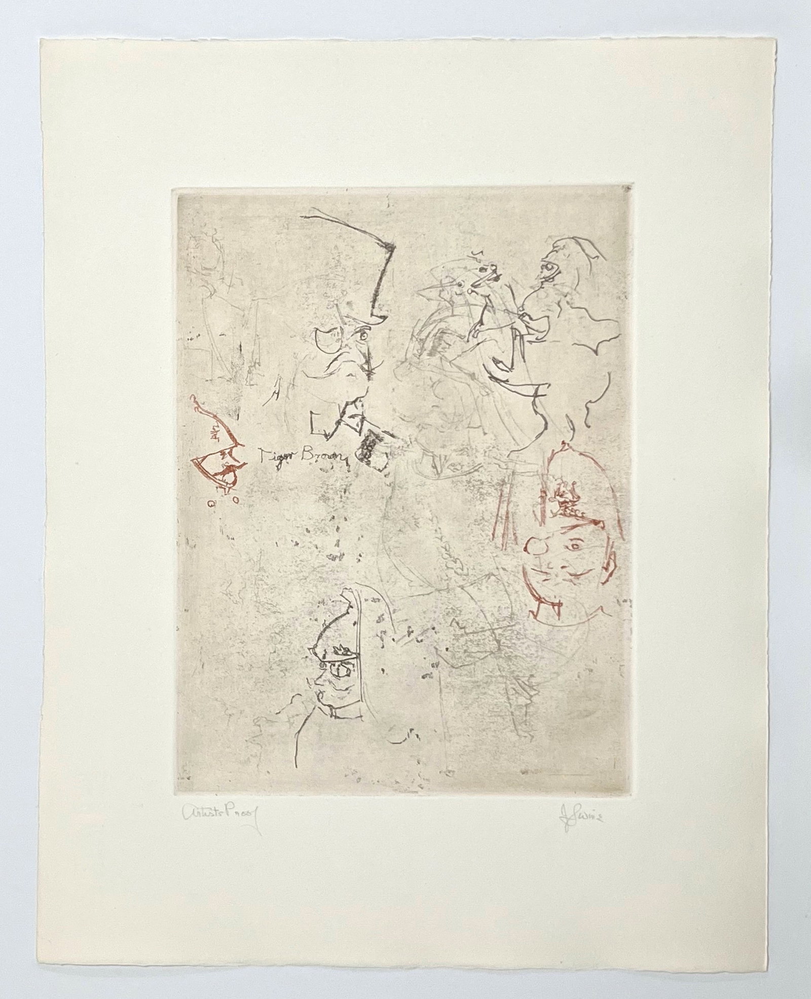 Jack Levine signed original etching "Tiger Brown": Title: Jack Levine signed original etching "Tiger Brown" Description: Medium: original soft ground etching. Signed in pencil and annotated "Artist's Proof". Printed in 1967 for the Dreigroschen Film p