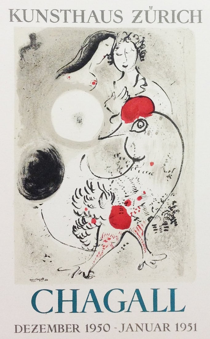 Chagall Lithograph 15 Kunsthouse Zurich Art in poster: Artist: Marc Chagall Country: Russia Title: Kunst house Zurich Medium: Lithograph -15 Paper Size: vellum paper 9.5 x12.5 inch Printed: 1959 on by Mourlot Freres, France Provenance: Art on posters 1959