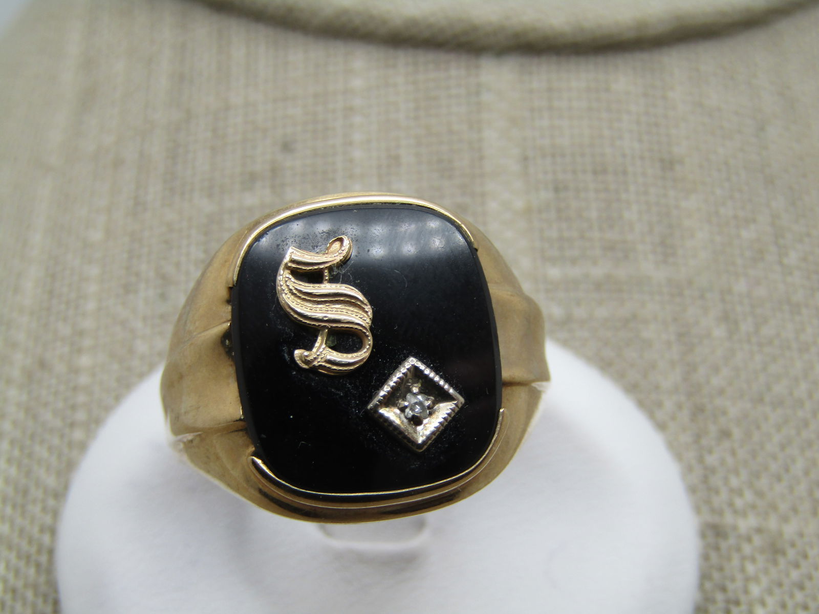 Vintage 10kt Men's  Initial S, Onyx & Diamond  Ring, Sz. 12, 1940's-1950's, Signed (1 of 8)