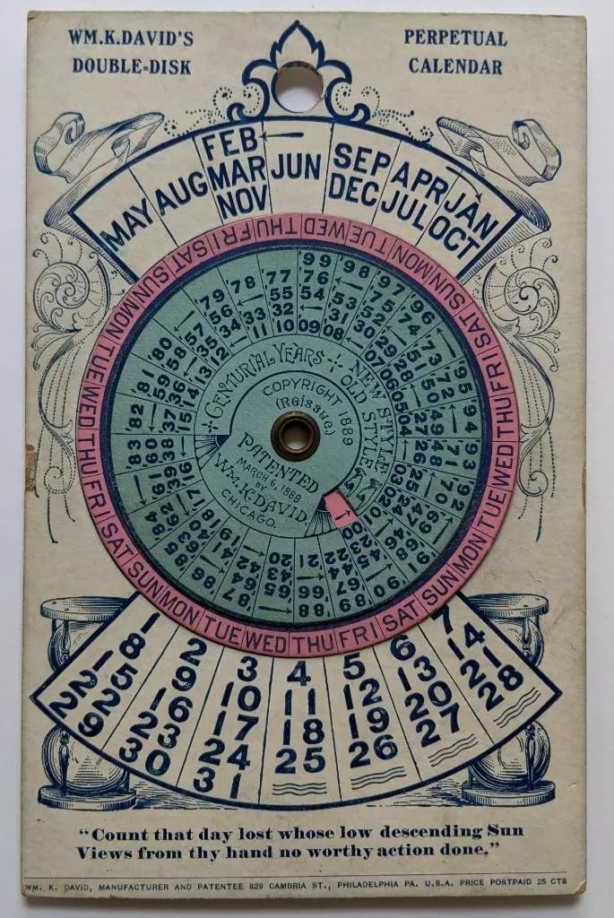 1889 VOLVELLE, WM. K. DAVID OF PHILADELPHIA PA, DOUBLE DISK PERPETUAL CALENDAR (1 of 2)