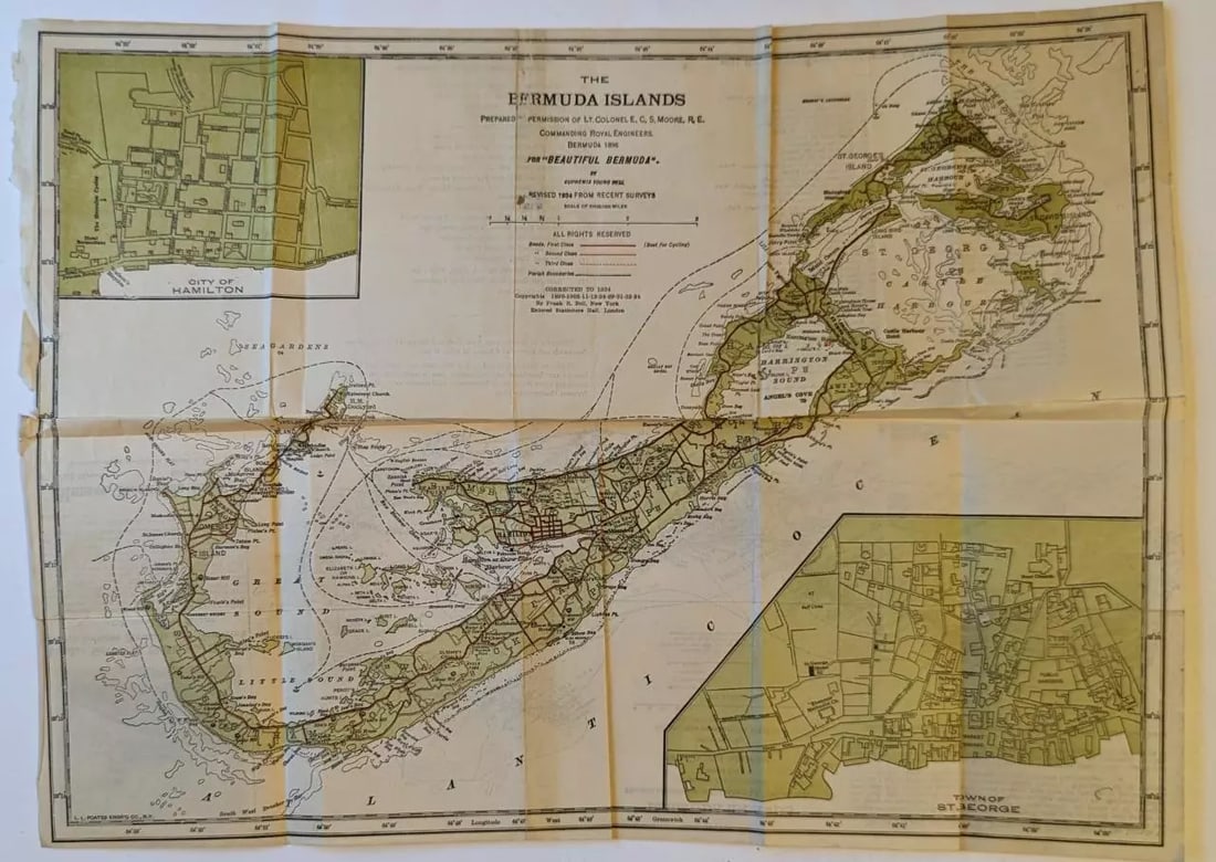 1934 MAP OF THE BERMUDA ISLANDS by BELL, w ADVERTISEMENT MUNSON STEAMSHIP LINES (1 of 4)