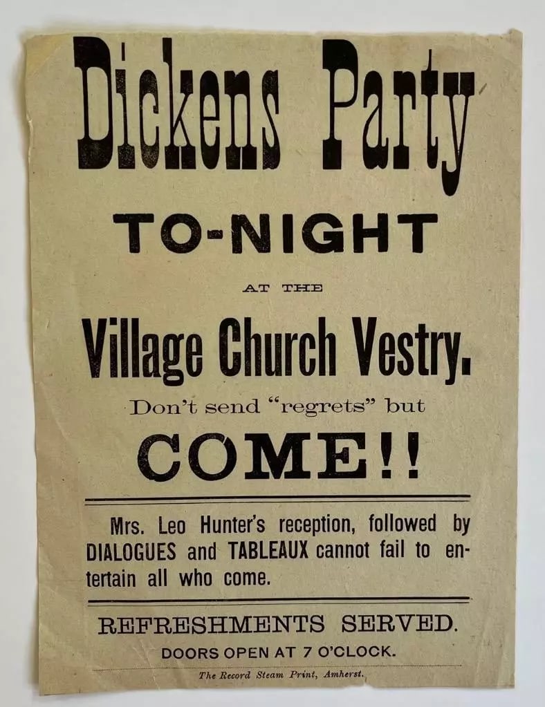 19th CENTURY BROADSIDE BY THE RECORD STEAM PRINT in AHMERST FOR A DICKENS PARTY (1 of 2)