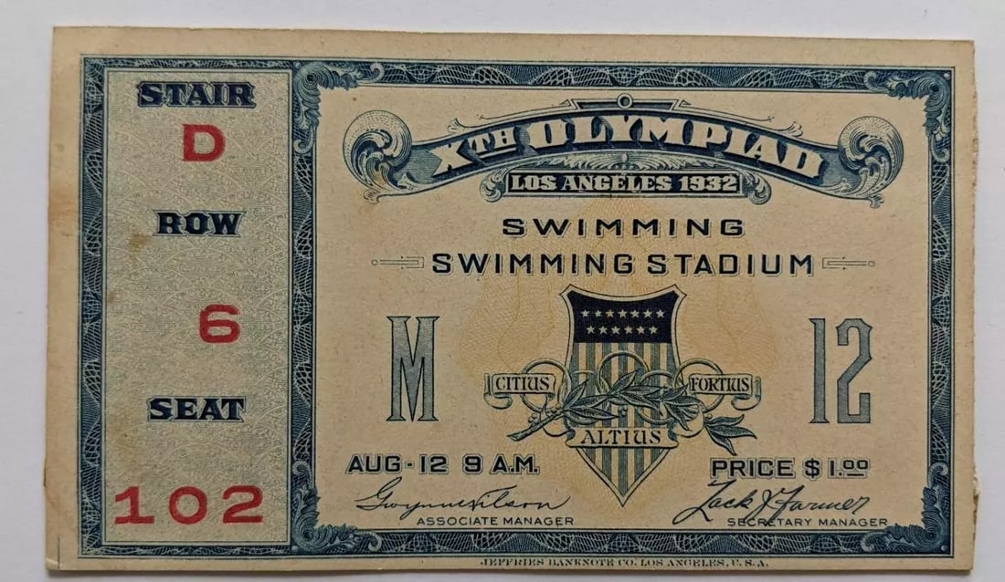 1932 OLYMPIC EVENT SWIMMING STADIUM TICKET LOS ANGELES California CA, Olympics, (1 of 2)
