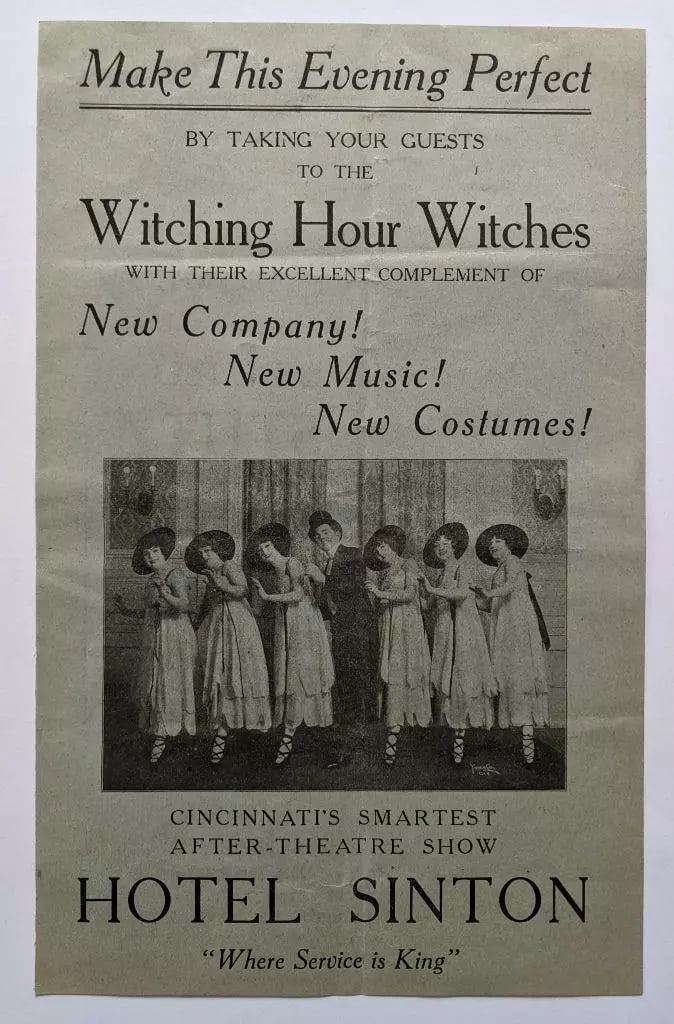 VINTAGE HANDBILL AD CINCINNATI WITCHING HOUR WITCHES PERFORMANCE at HOTEL SINTON (1 of 2)