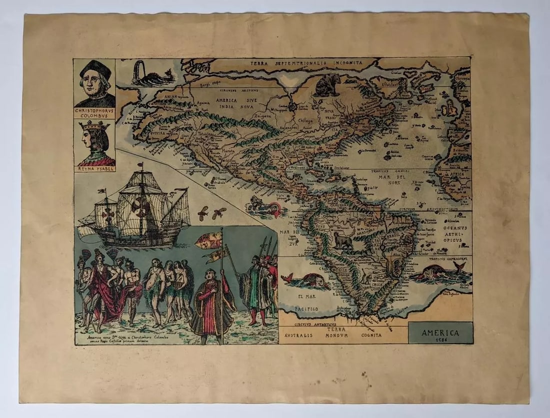 20th cent. HAND COLOR FANTASY MAP, AMERICA 1586 CHRISTOPHER COLUMBUS ILLUSTRATED: Title: 20th cent. HAND COLOR FANTASY MAP, AMERICA 1586 CHRISTOPHER COLUMBUS ILLUSTRATED Description: Vintage Hand Colored Print; Fantasy Map "AMERICA 1586" with portraits of Christopher Columbus, Reyn