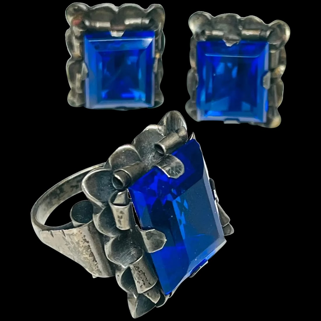 Vintage Sterling Silver Blue Ring and Earring Set (1 of 9)