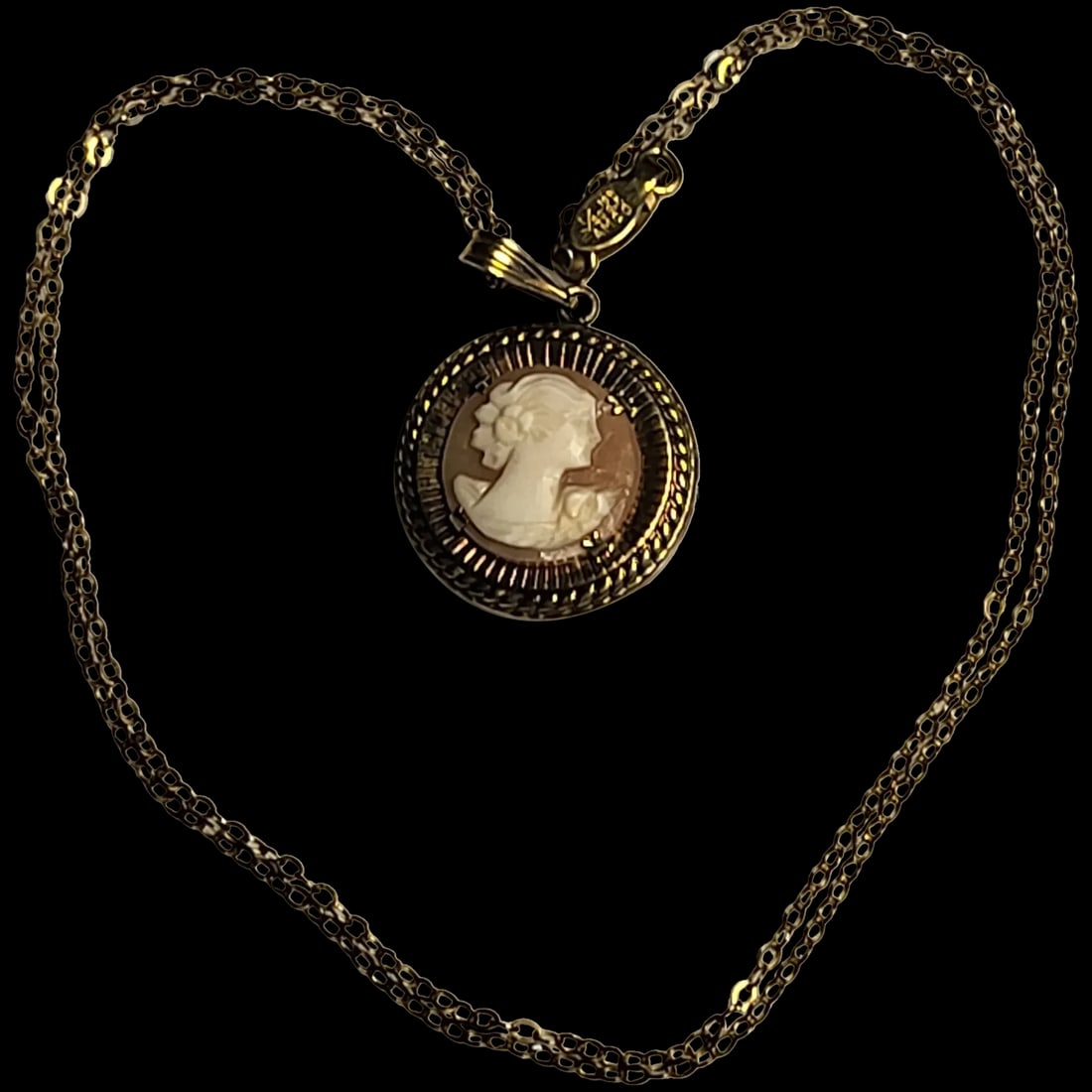 Amco 10K Gold/Shell Cameo Necklace: Title: Amco 10K Gold/Shell Cameo Necklace Description: Amco 10K Gold/Shell Cameo Necklace Hallmarked Aamco 10k Date/Period:Vintage/Antique Materials:Shell Dimensions:Chain 18 inches Cameo .75 x .75 in