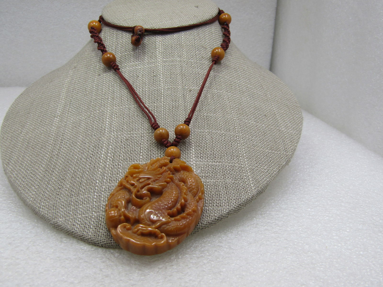 Vintage Carved Brown Jade Macrame Necklace, 27", Unisex, Adjustable (1 of 8)