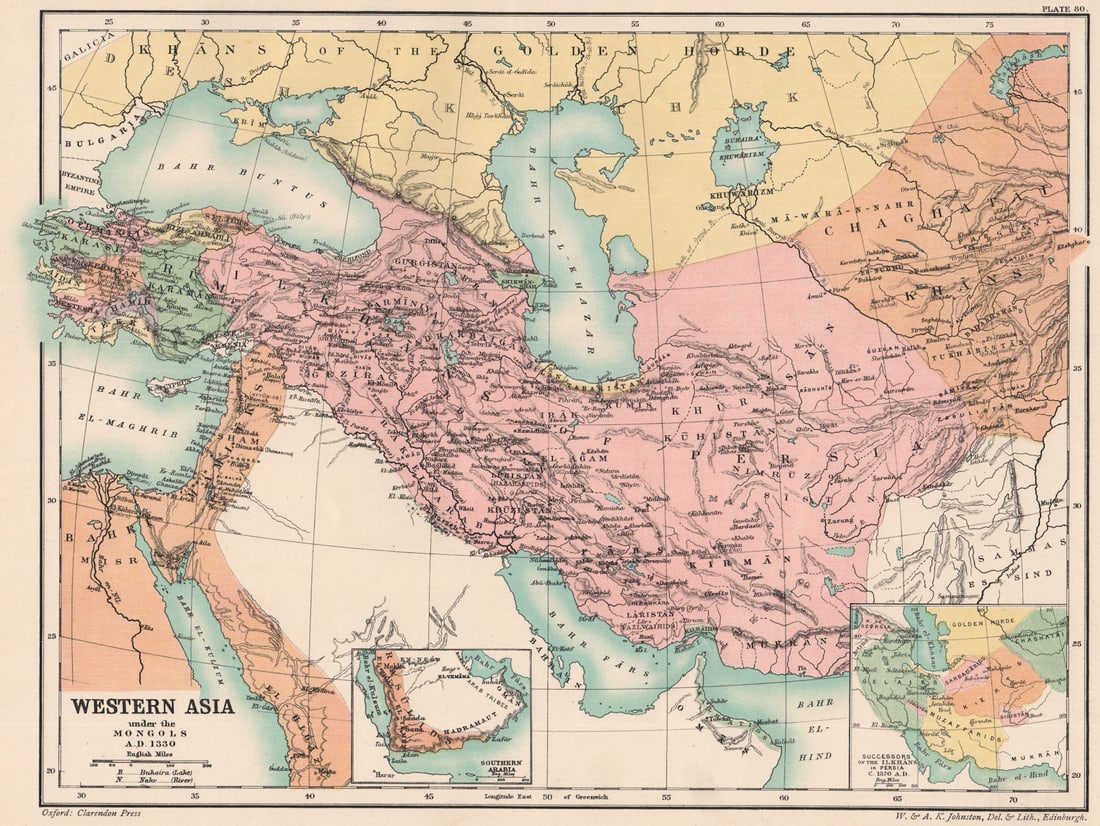 WESTERN ASIA IN 1330 AD. under the Mongols. Persia (Iran) 1370 1902 old map: TITLE/CONTENT OF MAP: 'Western Asia under the Mongols A.D. 1330; Inset maps of Southern Arabia; Successors of the Ilkhans in Persia C. 1370 A.D' DATE PRINTED: 1902 IMAGE SIZE: Approx 25.0 x 33.5cm, 9.