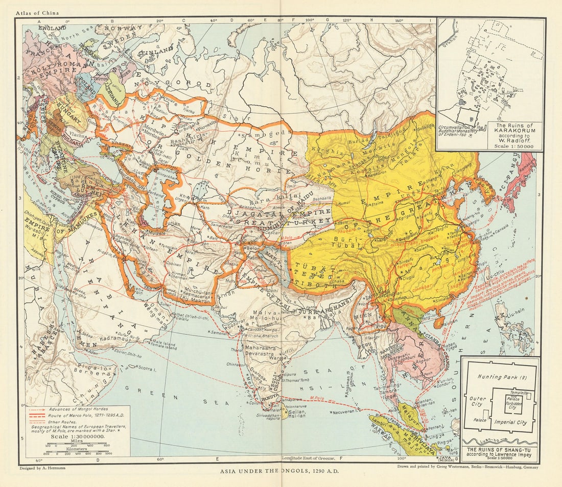 Asia under the Mongols 1290 AD. Xanadu & Karakorum ruins. China 1935 old map: CAPTION PRINTED BELOW PICTURE: 'Asia under the Mongols, 1290 A.D.; Inset maps of Karakorum, The Ruins of Shang-Tu' DATE PRINTED: 1935 IMAGE SIZE: Approx 34.0 x 30.0cm, 13.5 x 11.75 inches (Large); Ple