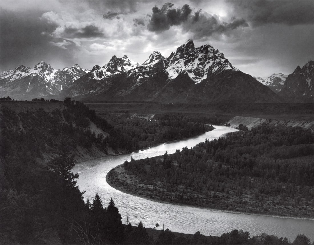 ANSEL ADAMS - The Tetons and Snake River, Wyoming: Artist: Ansel Adams Title: The Tetons and the Snake River, Grand Teton National Park, Wyoming, 1942 Medium: Photo Litho, 1974, USA Dimensions: 14.85x11.6" Description: Heat Wax Mounted on 14x18" Conse
