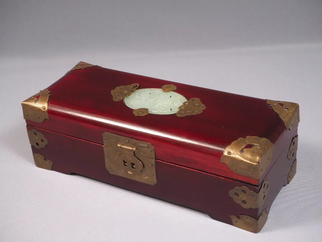 Chinese Wood Ornate Jewelry Trinket Box Lacquer Brass Carved Brass Large (1 of 6)