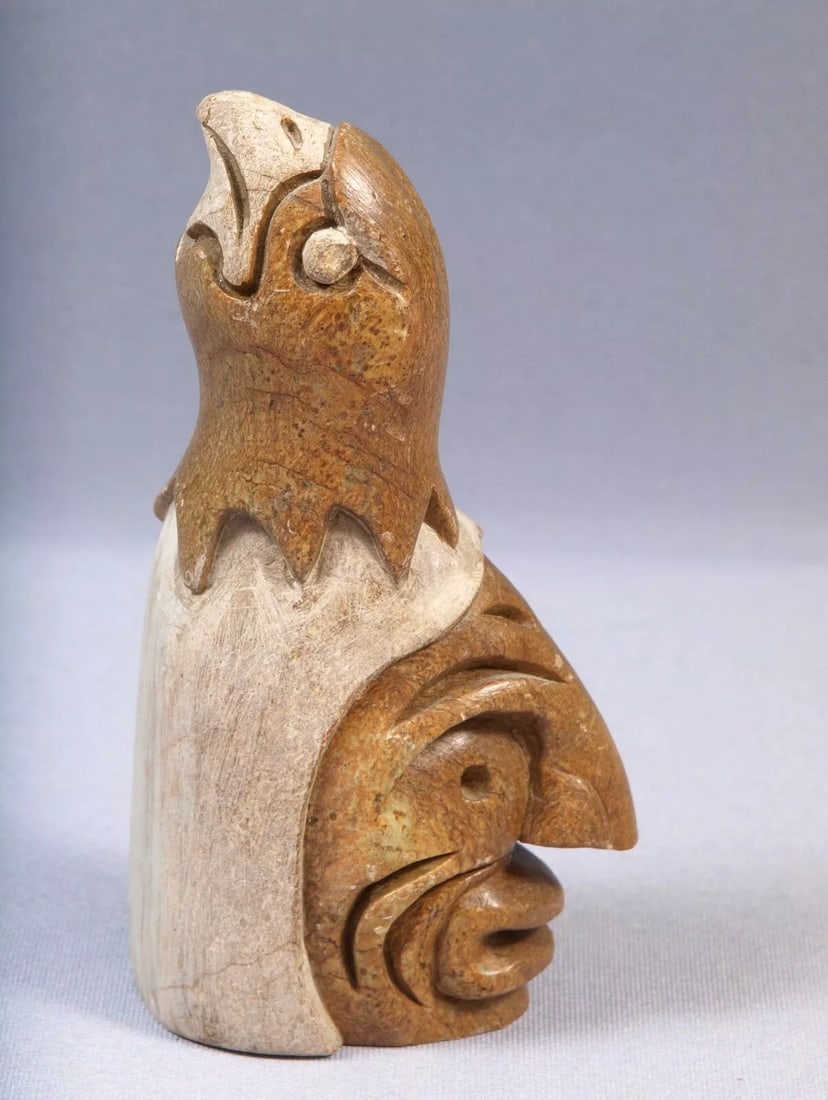 Native Iroquois Soapstone Carving EAGLE and Face Totem SIGNED Iroquois (1 of 5)