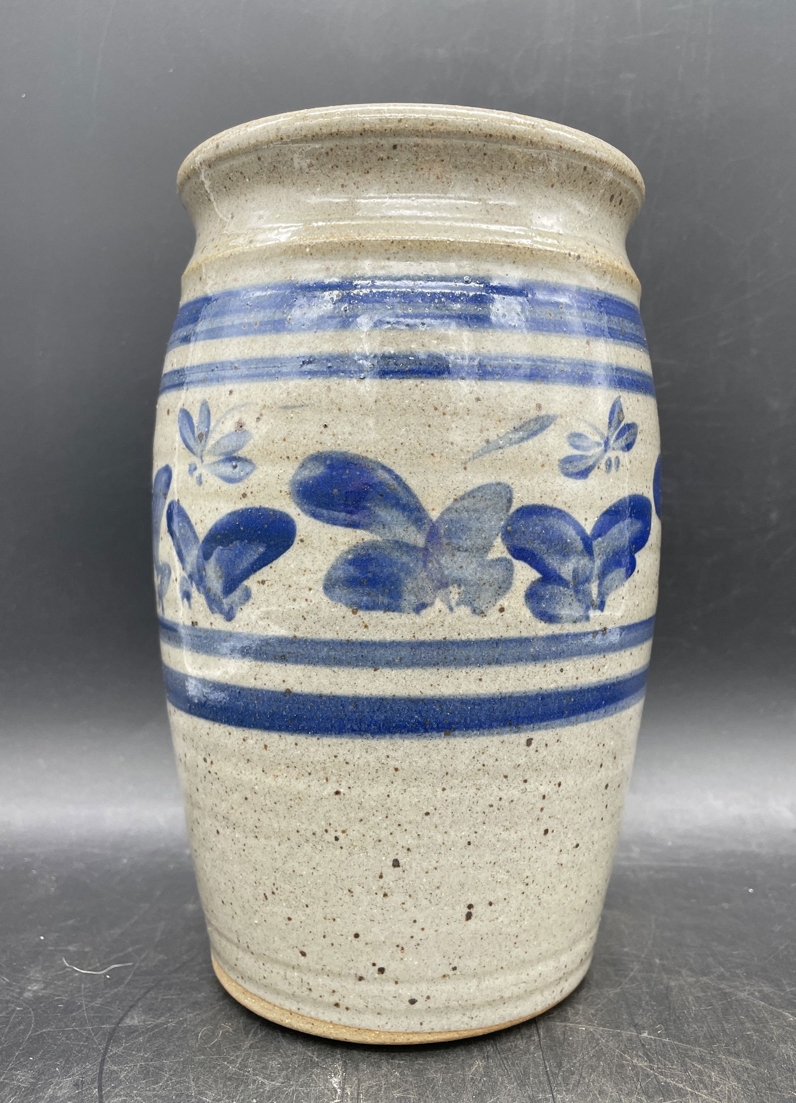 Signed Salt Glazed Art Pottery Vase Cobalt Decoration (1 of 8)
