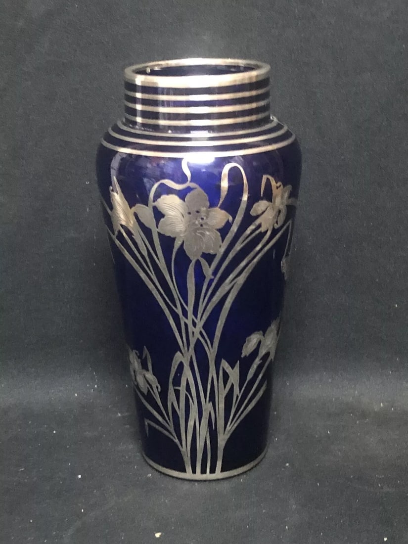 9” Cobalt Paden City Silver Overlay Rockwell Vase (1 of 10)