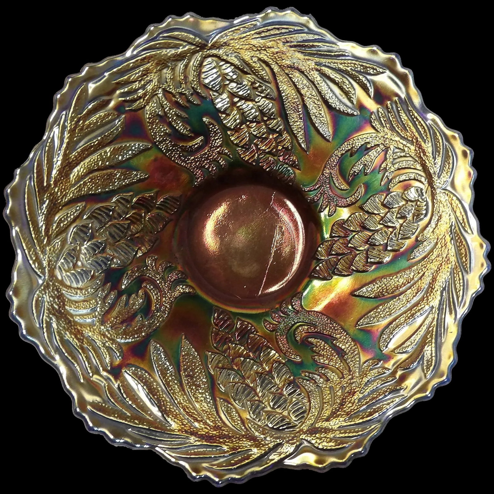 Antique Fenton Amethyst Pinecone Carnival Glass 7″ Plate: This is a Fenton Pinecone plate in the more difficult to find 7-8″ size! It is GORGEOUS and amethyst glass. Look at the neon iridescent colors! Front and back it has bold coloring! The mold stri