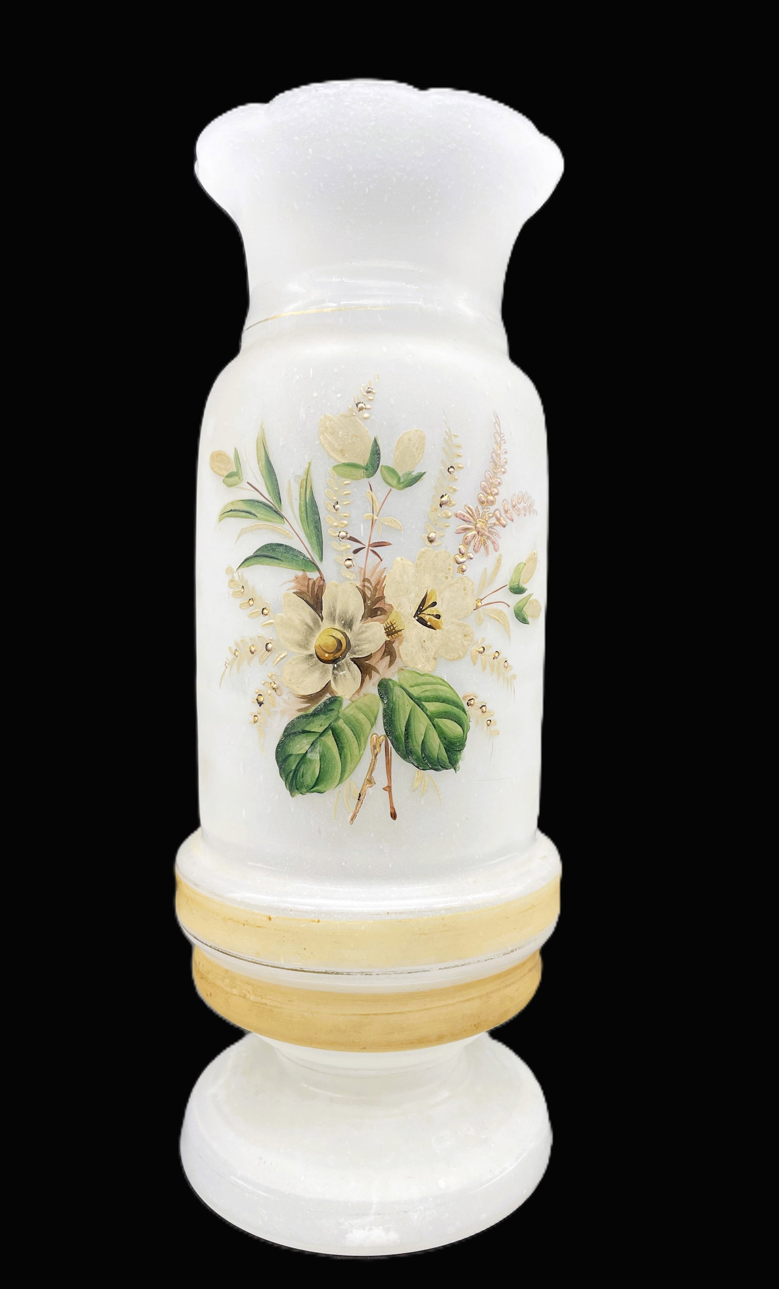 Bristol Glass Frosted Opaline Victorian Hand Painted Vase: Title: Bristol Glass Frosted Opaline Victorian Hand Painted Vase Date/Period: approx early 1900's Dimension: approx. 10" x 4" across bottom Material: glass Additional Information: Bristol Glass Froste