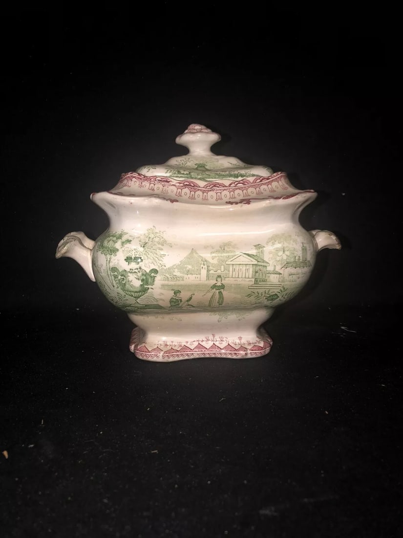 canova Staffordshire 2 color sugar bowl: It measures 7 1/4” x 4 1/2” x 5 1/2” and dates around the 1830’s. It has a flake on the underside of the base, several small chips on the rim where the lid sits, a faint 1̶