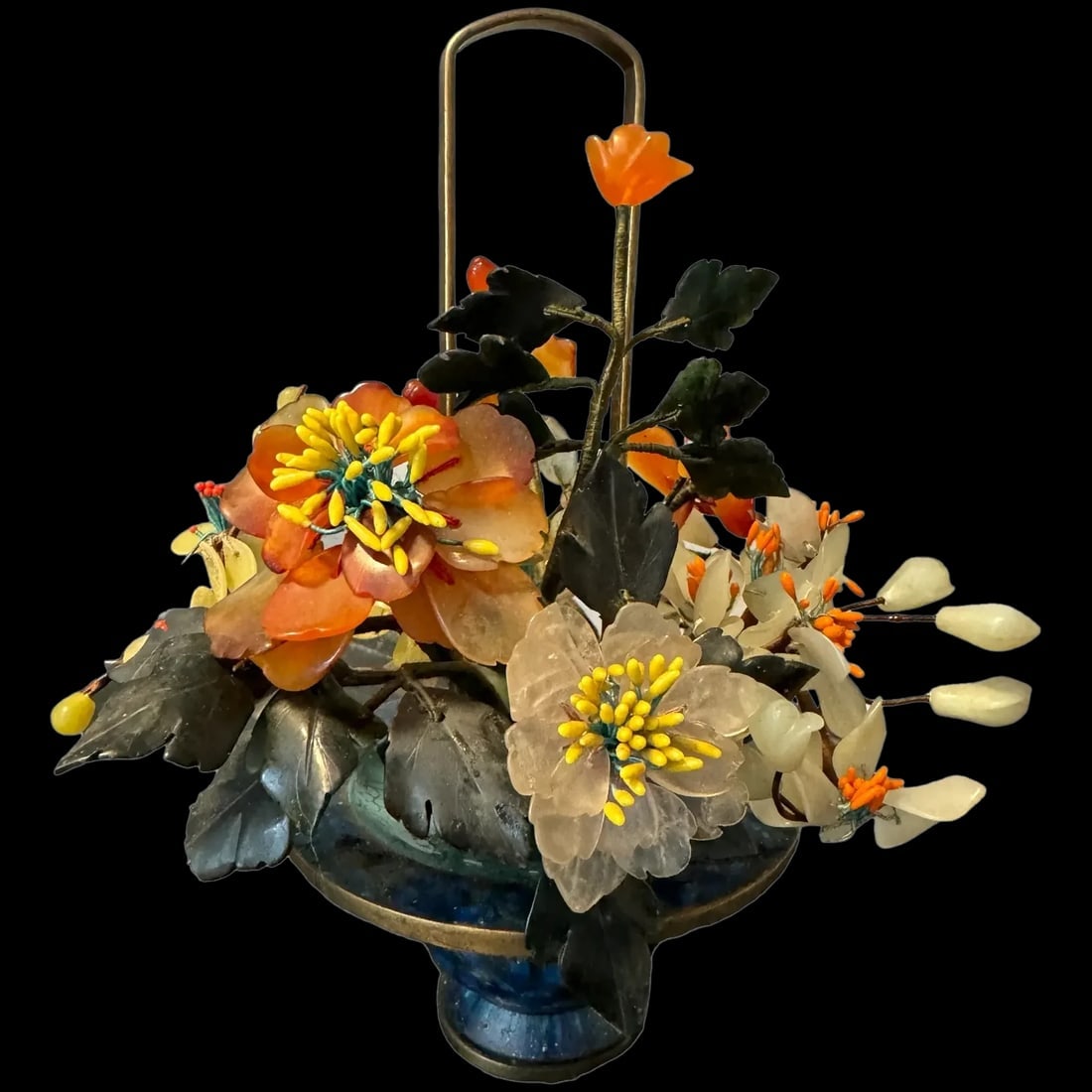 Vintage Cloisonne Enamel Jade, Amber, carnelian, Blossom Tree Basket 7 1/2" (1 of 12)