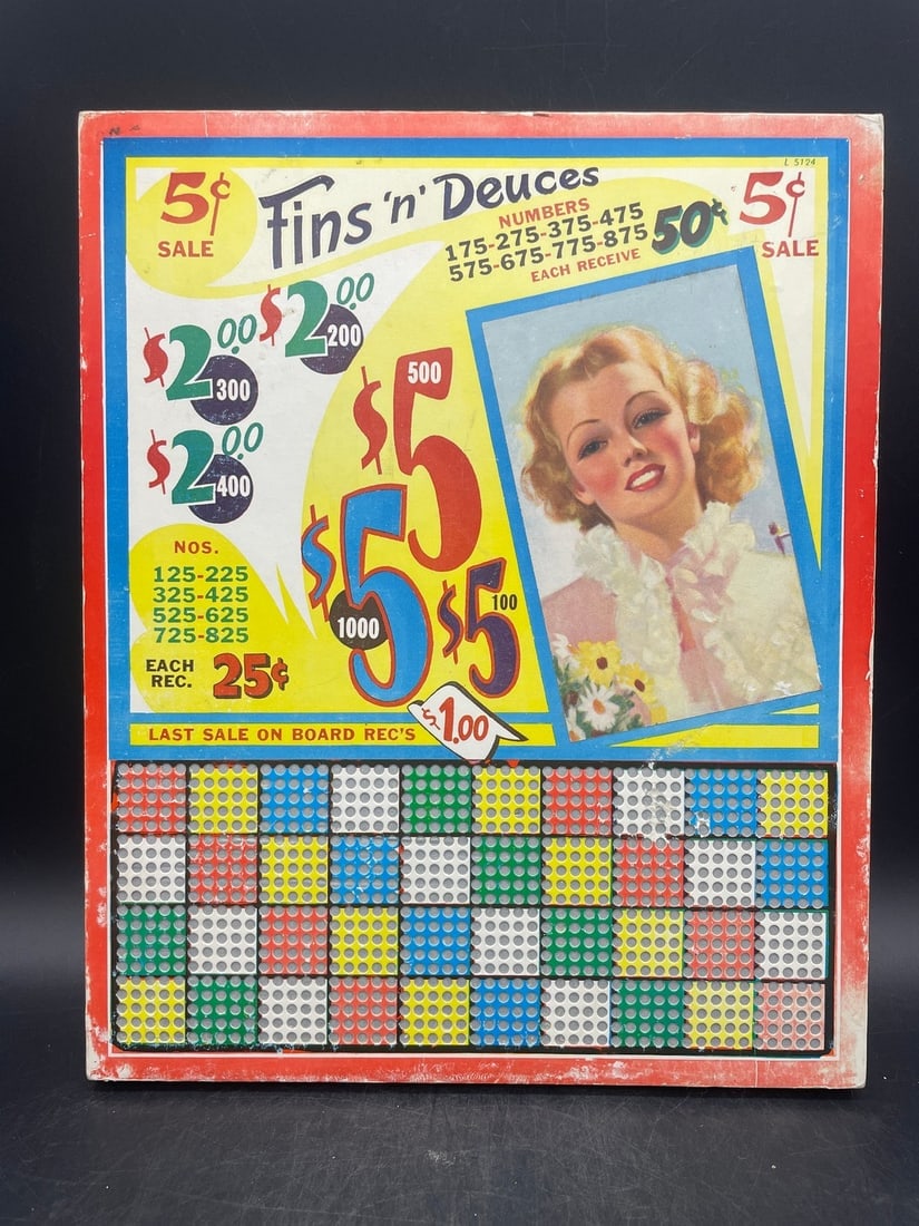 VINTAGE GAMBLING PUNCH BOARD PUNCHBOARD FINS N DEUCES (1 of 8)