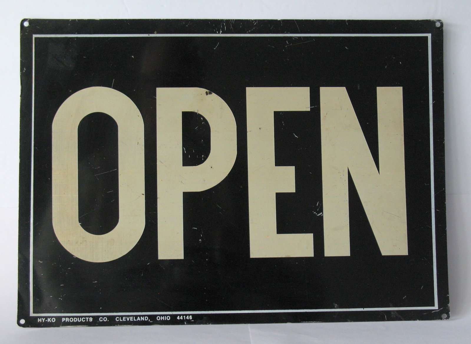 Vintage tin country store “OPEN” sign: Title: Vintage tin country store “OPEN” sign Date/Period: 1950's Dimension: 10” x 14” Additional Information: Nice vintage tin country store “OPEN” sign in original