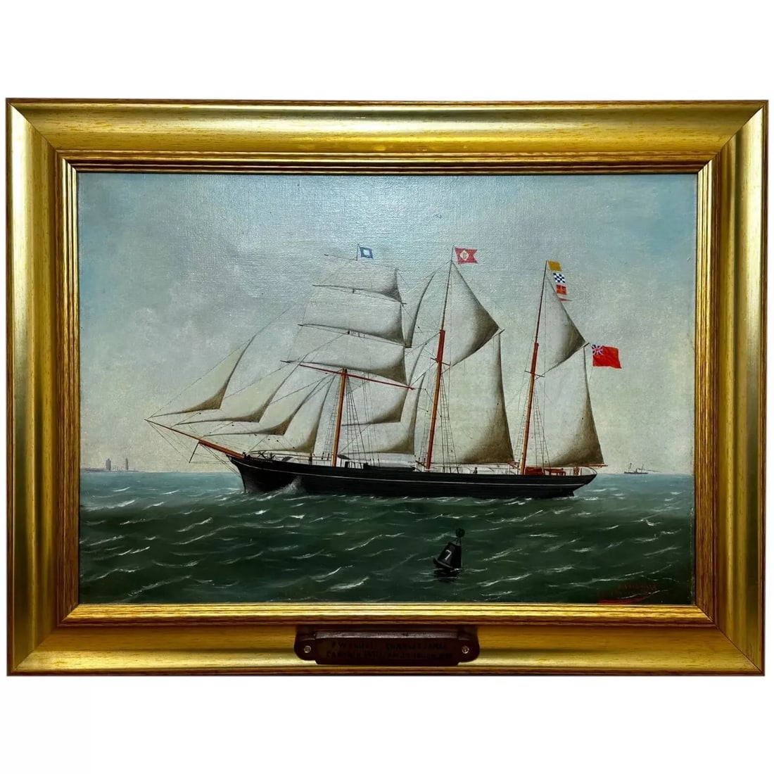 French Victorian Oil Painting Marine Barquentine Ship Charles James Off