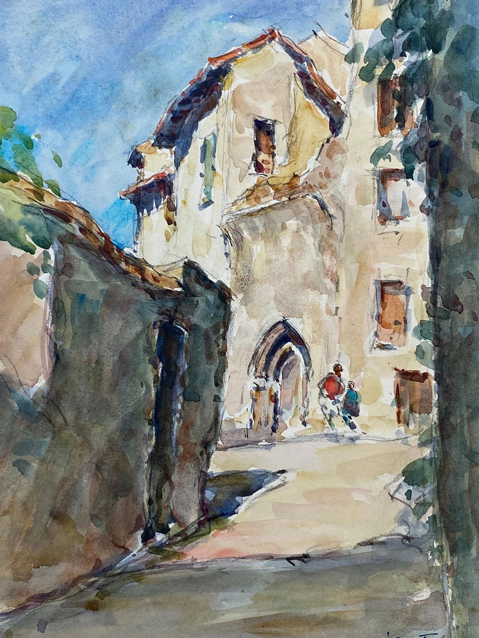 Figures Walking in old Provencal Village, vintage French Impressionist painting c. 1940's (1 of 14)