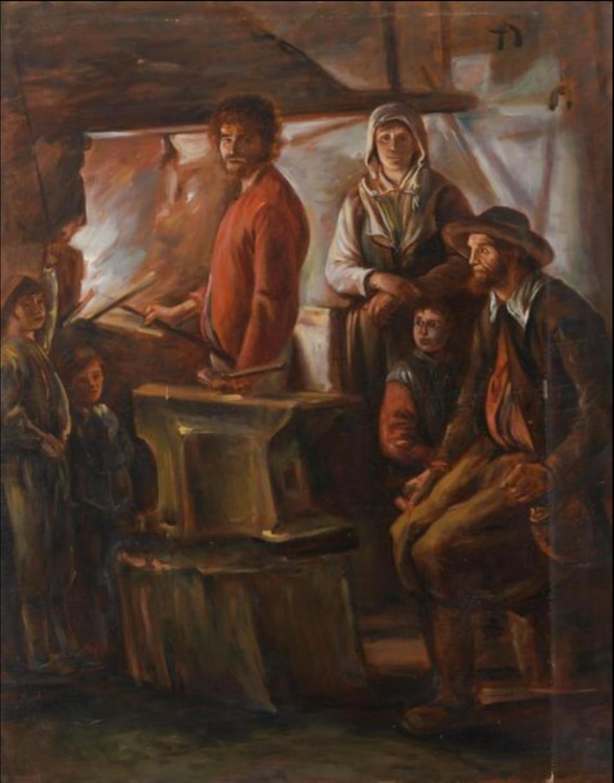 A Marshal in his forge Large Oil Painting on Canvas by Louvre Copyist c. 2000: About the Item "A Marshal in his forge" After Louis LE NAIN (1593-1648) oil painting on canvas, late 20th century from the studio of Dagher, Paris (read notes below), stamped verso canvas: 93 x 73 cm