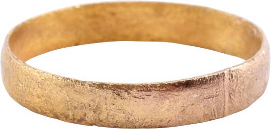 VIKING WARRIOR’S WEDDING RING, 850-1050 AD, SIZE 11 1/4: Large size 11 ¼+. Gilt bronze, rounded face 3.7mm band width. Surface textured from burial. Professionally refurbished with the 24karat gold surface restored. Jewelry gift boxed with certificate
