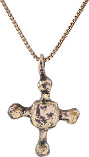 MEDIEVAL EUROPEAN CONVERT’S CROSS NECKLACE, 9th-10th CENTURY: The emergence from the Dark Ages is embodied in the rise to power of the Frankish King, Charlemagne in 768 (founder of the Holy Roman Empire after 800) followed by conquering southern Europe from