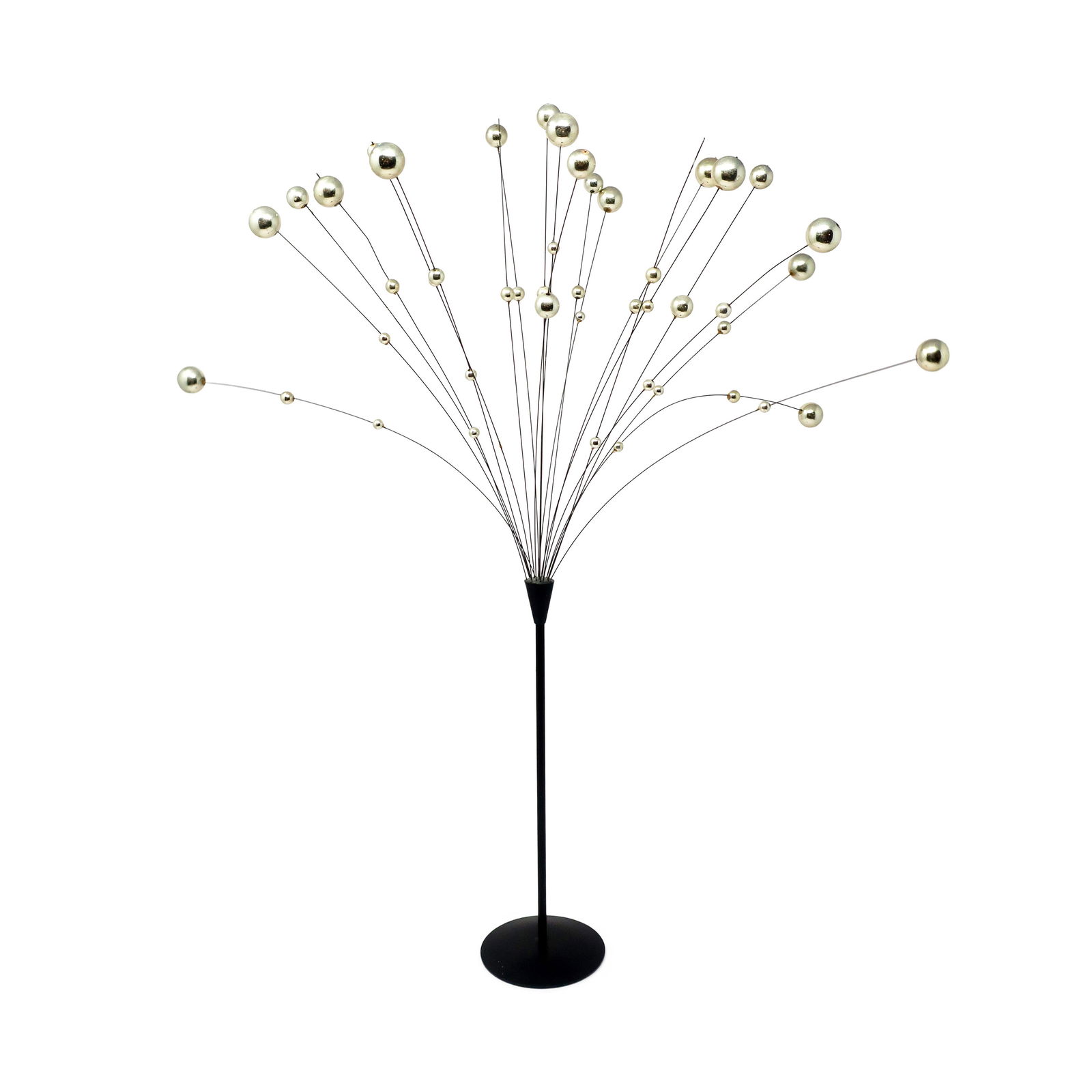 1960s Danish Modern Silver Kinetic Ball Sculpture by Laurids Lonborg: A vintage kinetic ball sculpture in black and silver by Laurids Lonborg, a Danish housewares and decorative objects powerhouse. Black metal base and stem, silver metal wires, and polished silver color