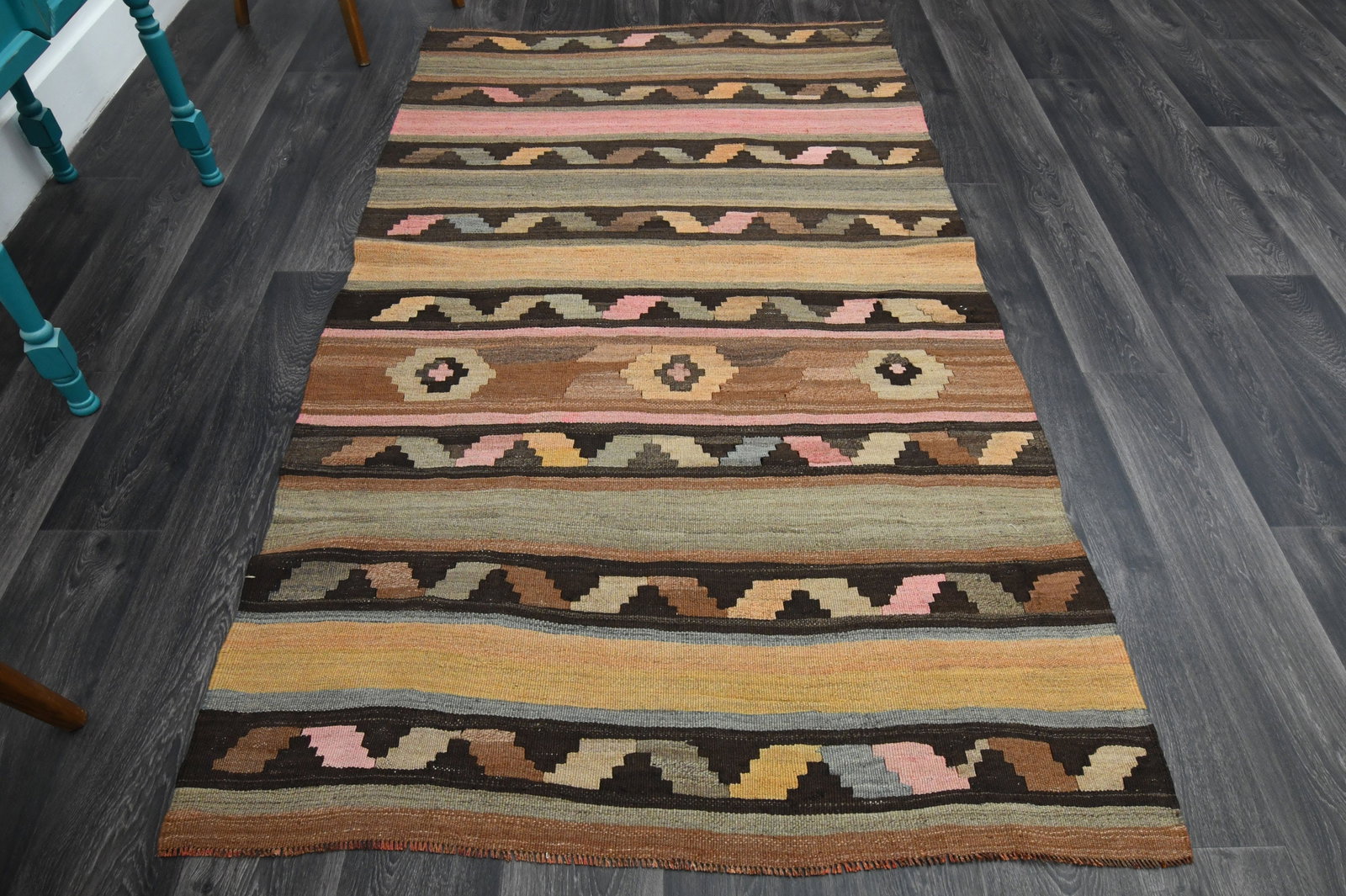 4.1x7.7 ft, TURKISH KILIM Rug: Title: 4.1x7.7 ft, TURKISH KILIM RugOridign: Turkey Date/Period: 1960 - 1970 Materials: Wool and Cotton Size: Width: 4.4 feet Length: 7.6 feet Provenance: This Turkish one-of-a-kind Vintage Flatweave 