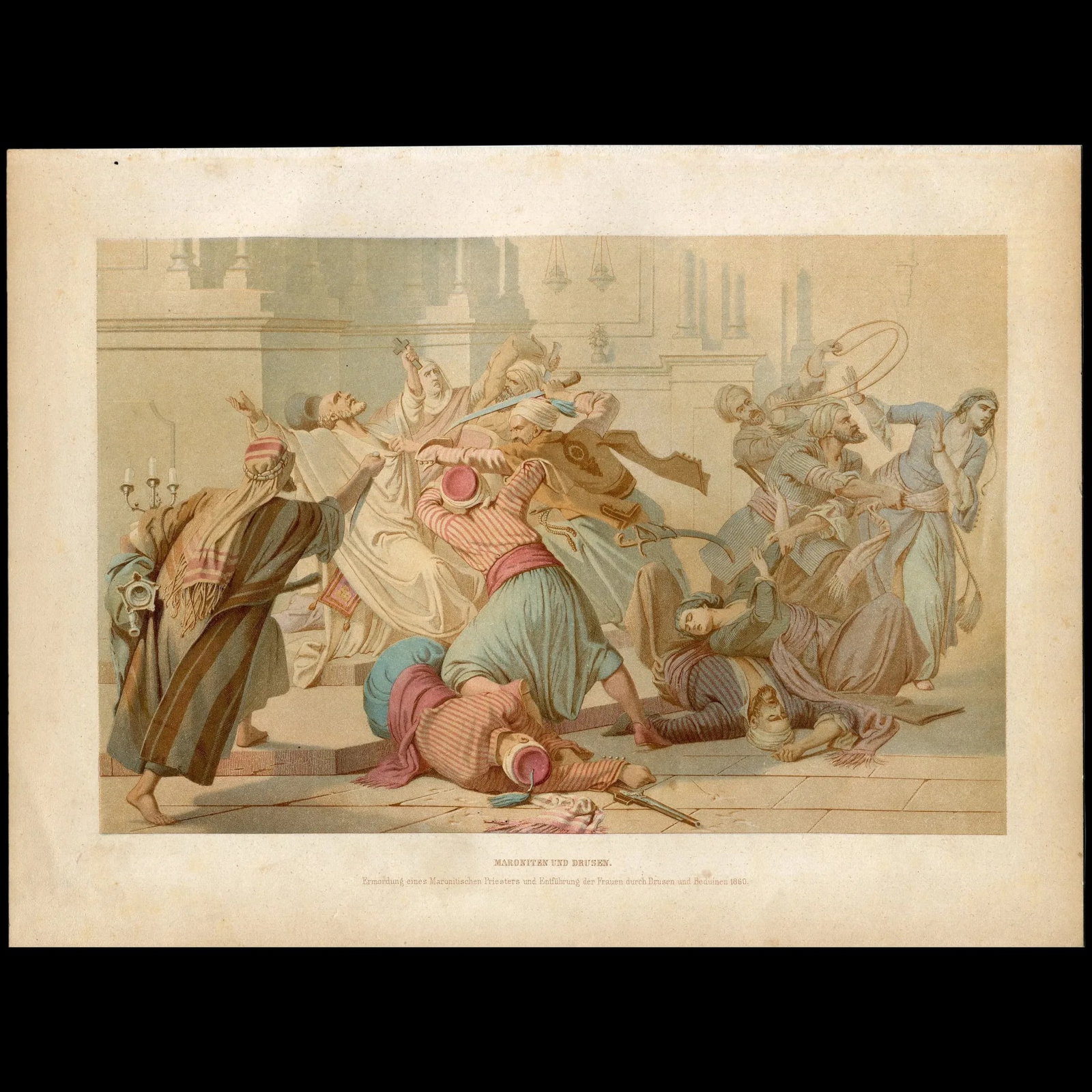 Maronites and Druzes - 1861 print: Title: Maroniten und Drusen.Provenance: probably Das Heilige Land und die heiligen Stätten.Artist: after Arnold Meermann (German, 1829 - 1908)Media / Technique: coloured wooden cut.Description: This 