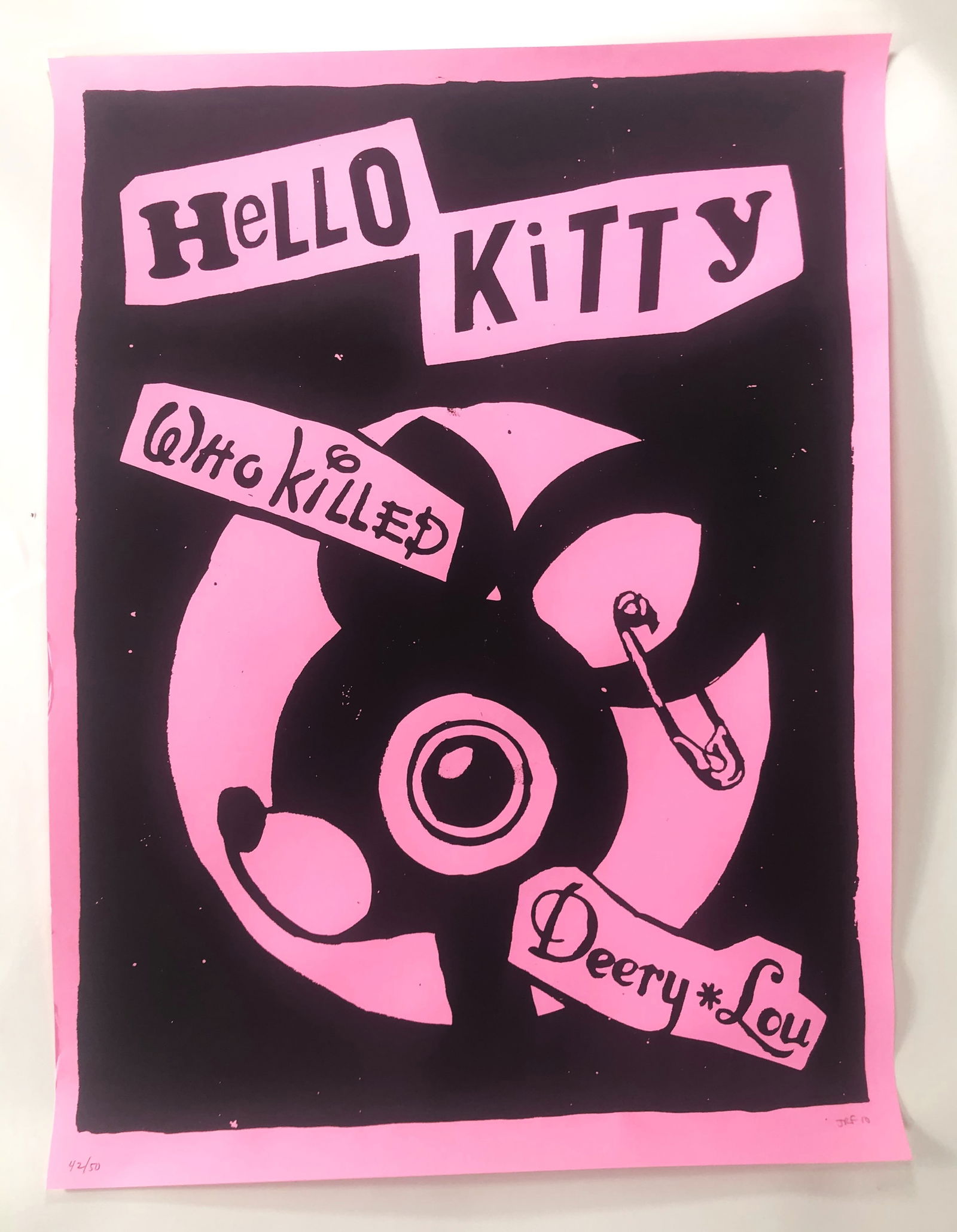Hello Kitty Who Killed Deery-Lou Print w/Signature: Title/Artist: Hello Kitty Who Killed Deery-Lou Print w/Signature Maker/Brand: Uknown Origin: USA Date/Period: 2000s Medium: Paper Litho Dimensions: 18" x 24" Reserve: $99.00 Shipping: Domestic: Flat-r