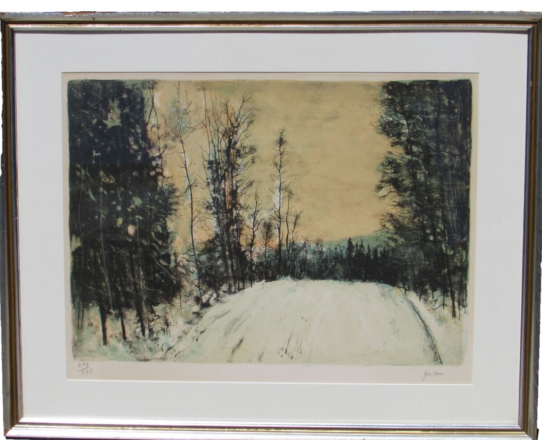 BERNARD GANTNER Winter Forest S/N Lithograph COA The Collector's Guild Ltd.: BERNARD GANTNER (1928-2018). Hand Signed/Numbered Lithograph with COA from The Collector's Guild, Inc. New York. Winter Forest Scene, 15-1/2" x 21-1/2" sight size lithograph (framed size: 23-1/2" x 29