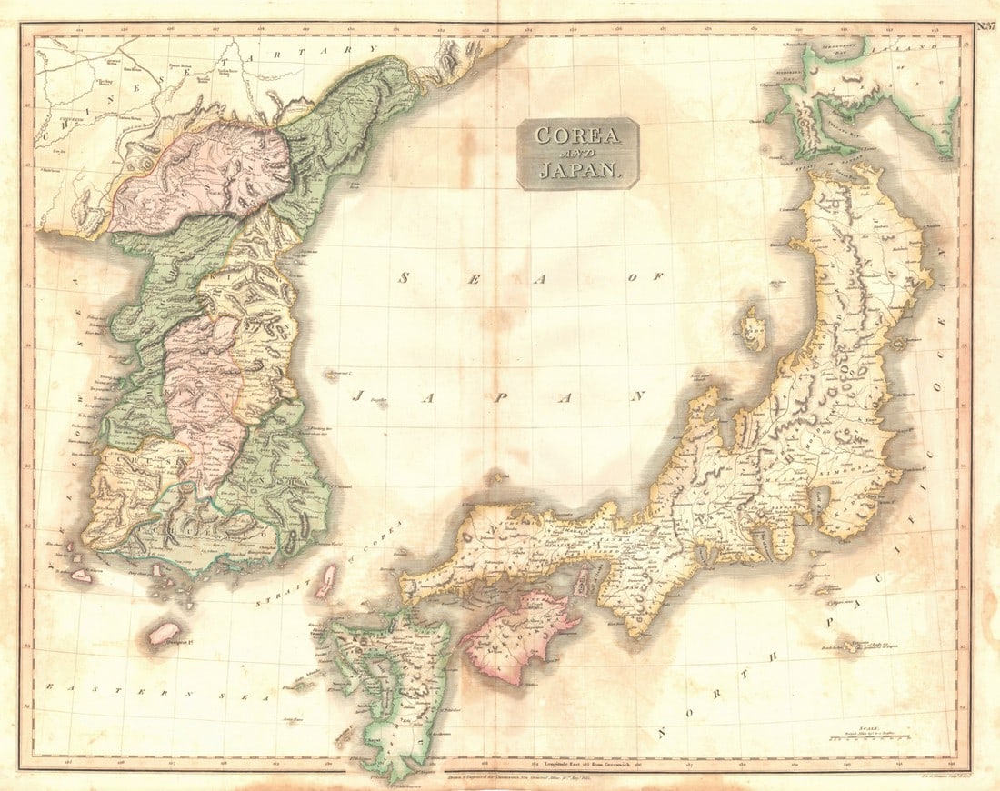 Corea and Japan.: Title: Corea and Japan. Publication Date: 1817 Cartographer: THOMSON, JOHN & CO. Publisher: JOHN THOMSON, JUNR. & CO. Height: 19.3 Width: 24.5 No.37 from Thomson's New General Atlas 1817. J. & G. Menz