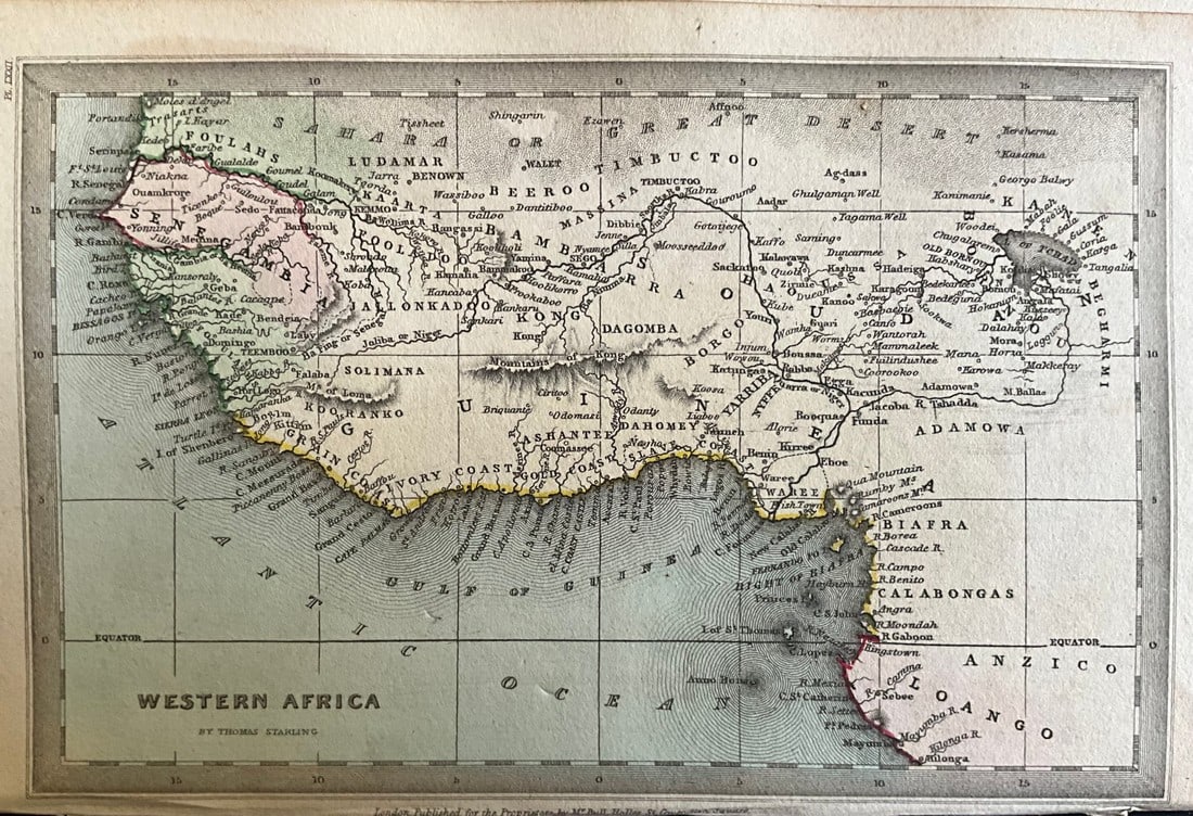 1834 West Africa by Thomas Starling: Title: 1834 West Africa by Thomas Starling Date/Period: 1834 Materials: Hand colored, steel engraved Size: 6 1/2 x 4 inches. This map depicts West Africa as it was in 1834, created by Thomas Starling.