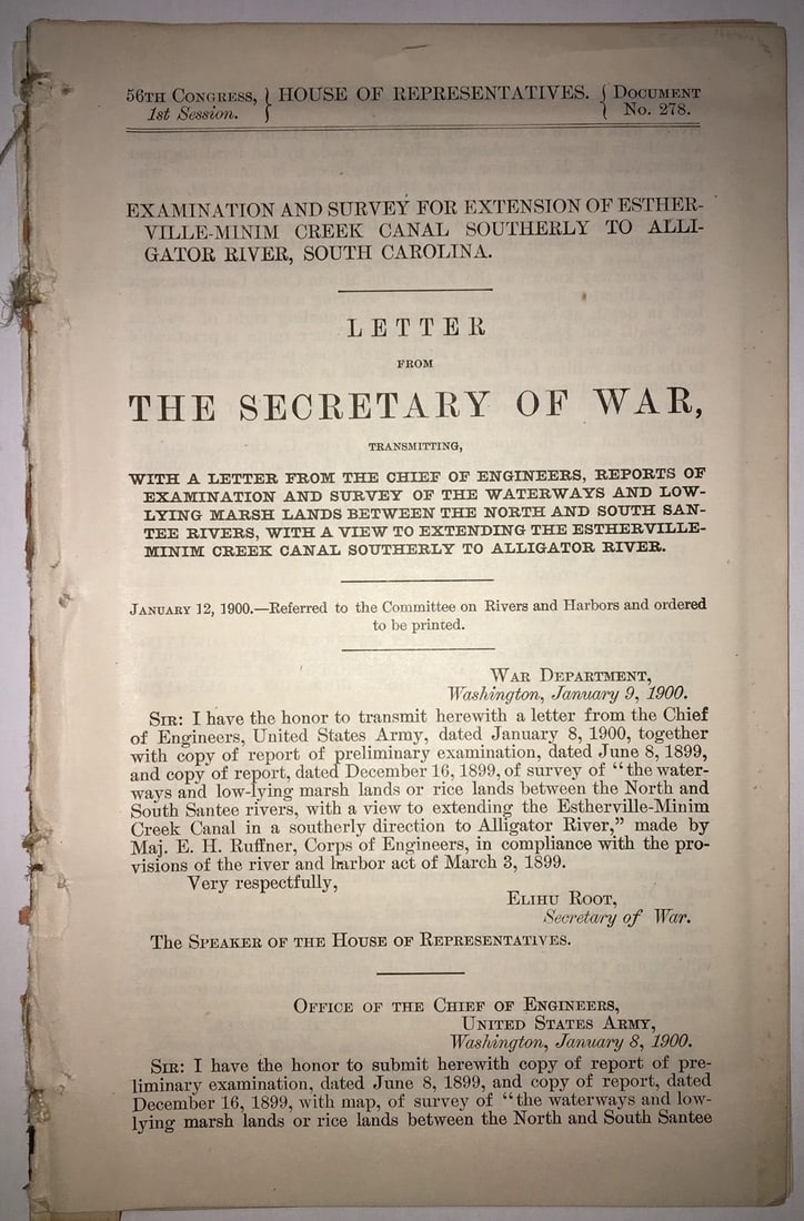 Survey of Waterway and Low Lying Marsh Or Rice Lands,: Title: Survey of Waterway and Low Lying Marsh Or Rice Lands, Publication Date: 1899-11-01 Cartographer: RUFFNER, ERNEST HOWARD (1845-1937)/REID WHITFORD Publisher: GPO Height: 24 Width: 16.25 "between