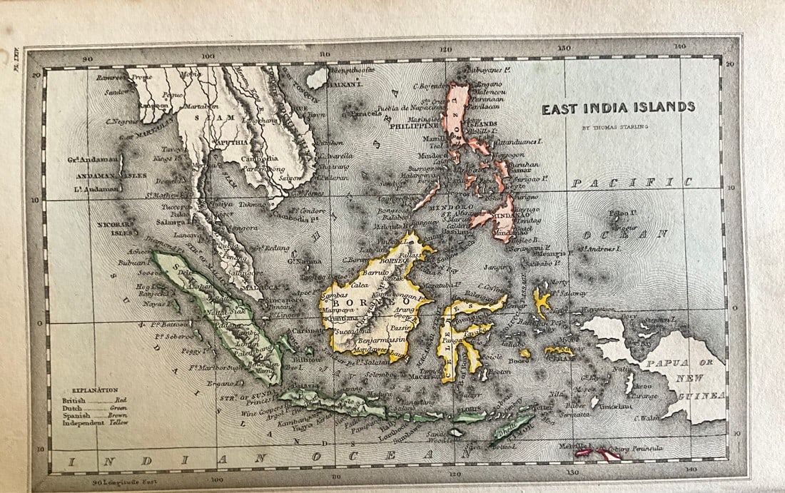 1834 Indonesia and Philippines by Thomas Starling: Title: 1834 Indonesia and Philippines by Thomas Starling Date/Period: 1834 Materials: Hand colored, steel engraved Size: 6 1/2 x 4 inches. This map features Indonesia and the Philippines as mapped in 