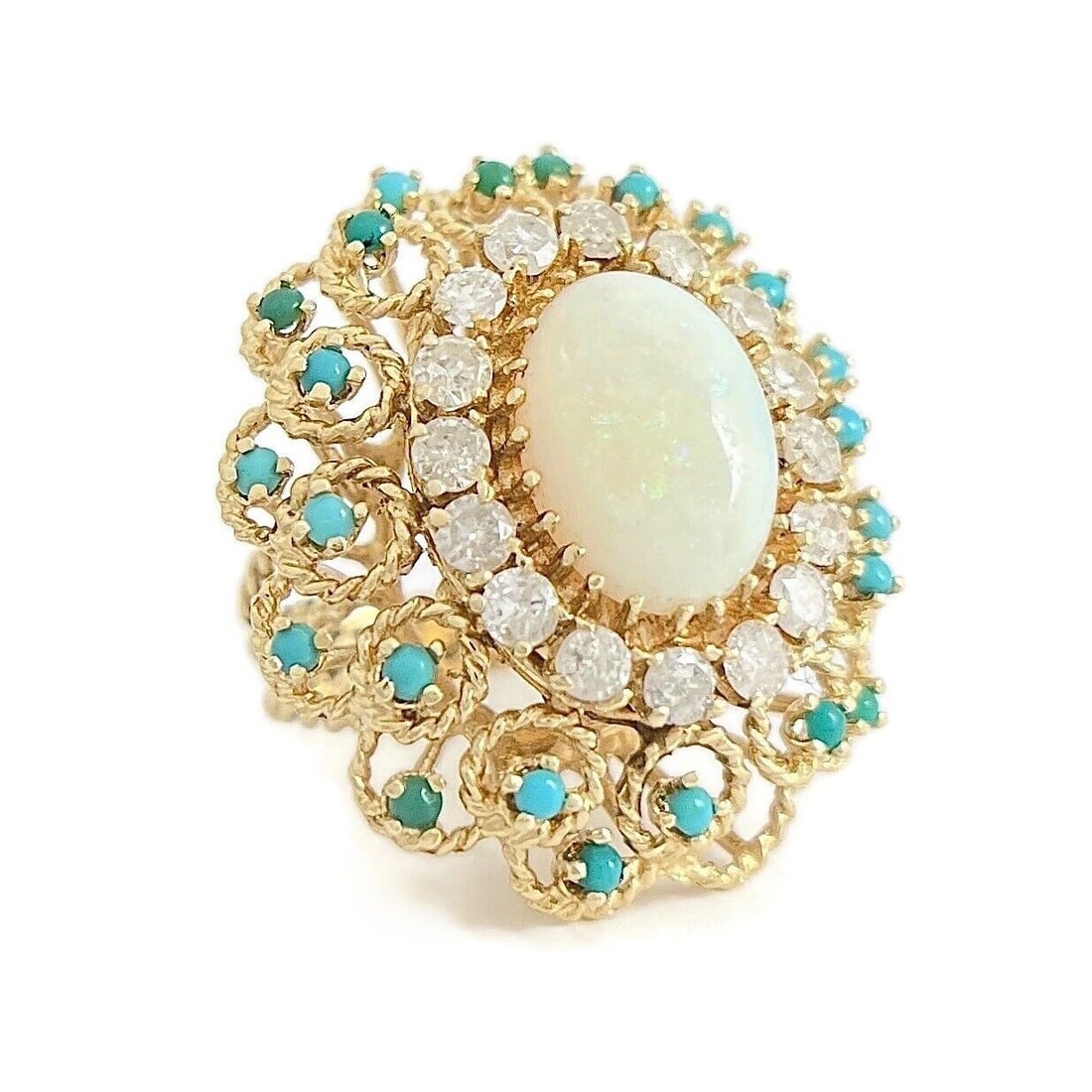 Vintage 1960's Opal Diamond Turquoise Cocktail Ring 14K Yellow Gold, 15.58 Grams (1 of 7)