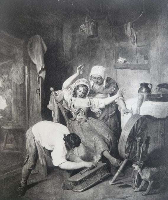 Antique 18th Century Gravure by Francis Wheatley: 'The Rat-Trap: Presenting a captivating vintage gravure print titled "The Rat-Trap" by renowned 18th-century artist Francis Wheatley, this piece measures approximately 7x9 inches and is expertly mounted on an 11x14